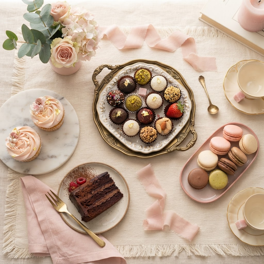 Mesa com brigadeiros gourmet, cupcakes, macarons e bolo artesanal