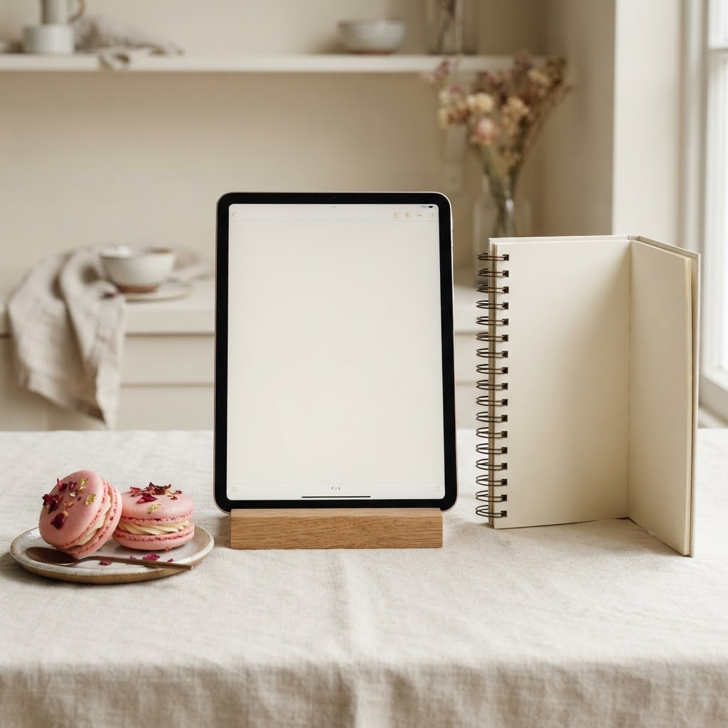 Mockup do ebook Receita Que Vende em tablet e caderno de receitas